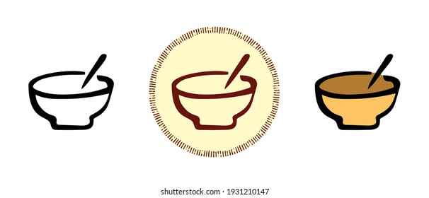 This is a set of icons with different styles of ceramic bowls. Earthen bowl with chopsticks outline, colors and retro symbols. Freehand drawing, doodles. Stylish solution for website and label.