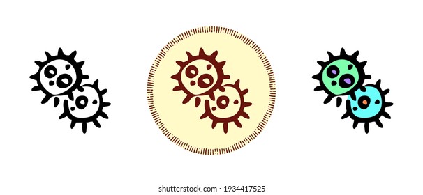 This is a set of icons with different styles of cells, bacteria, viruses. Microorganism outline colors and retro symbols. Freehand drawing, doodles. Stylish solution for website and label.