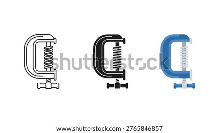 This set of icons displays a C-clamp in three distinct visual styles: a line drawing, a solid black silhouette, and a blue-colored version. The clamp is a fundamental tool used for firmly holding materials together, especially during gluing or assembly processes in various trades. These icons can be used to represent concepts of fastening, holding, industrial work, or repair.