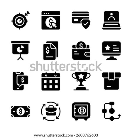 This set of icons displays various business, finance, and e commerce concepts in a clean, modern style