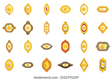 This set of icons features adjarian khachapuri, a traditional georgian dish, with various toppings