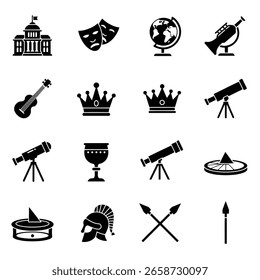 Este conjunto de iconos presenta símbolos relacionados con el gobierno, las artes, la ciencia y la historia, incluyendo un edificio, máscaras de teatro, globo terráqueo, telescopios, instrumentos musicales, coronas y artefactos antiguos.