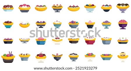 This set of icons features a variety of delicious banana split desserts, showcasing different toppings and flavors of ice cream