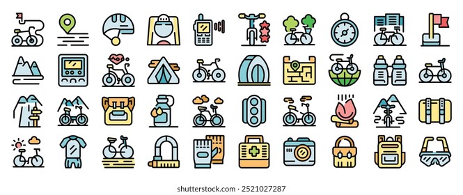 This set of icons features various aspects of cycling tourism, including equipment, navigation, and safety