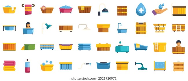 This set of icons features various bathtubs and accessories, showcasing different bathing experiences and hygiene practices