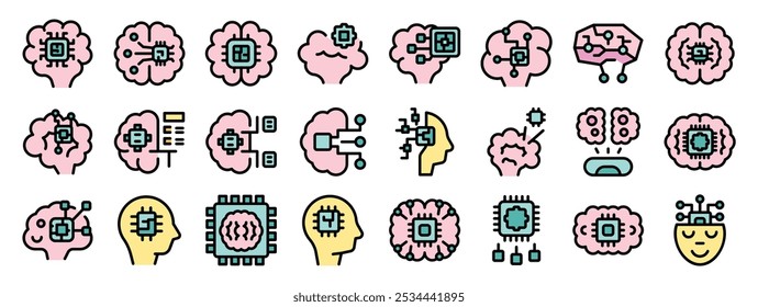 This set of icons features various depictions of artificial intelligence, highlighting the interplay between human minds and computer processing power