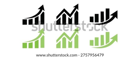 This set of icons features various styles of bar charts, all designed with an unmistakable upward-pointing arrow to symbolize continuous growth and positive trends. Presented in black and vibrant green, these graphics offer a clear and concise visual for data representation. They are excellent for illustrating rising sales figures, increasing profits, successful project milestones, or any metric that signifies an upward trajectory in a business or financial context.
