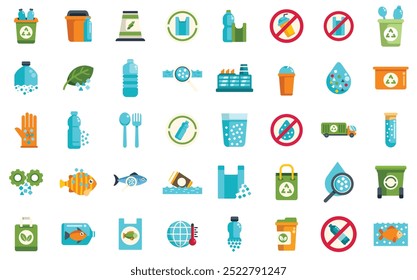 This set of icons highlights the growing concern of microplastic pollution, illustrating its presence in various aspects of daily life and its impact on the environment