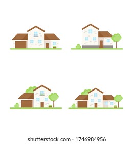 This is a set of icons of the house is with a garage and a tree. Vector illustration.