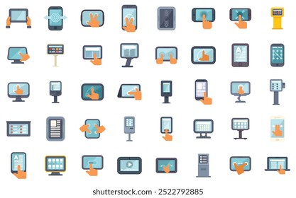 This is a set of icons representing people interacting with touch screen devices of different types and sizes