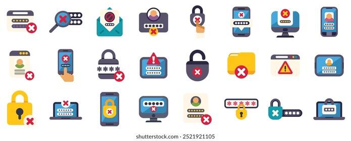 Este conjunto de ícones representa diferentes problemas de login e problemas de segurança, perfeito para ilustrar os conceitos de proteção por senha e segurança cibernética