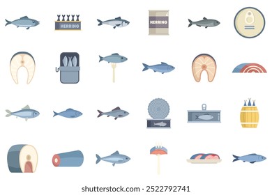 This set of icons represents different ways herring is prepared, packaged, and consumed