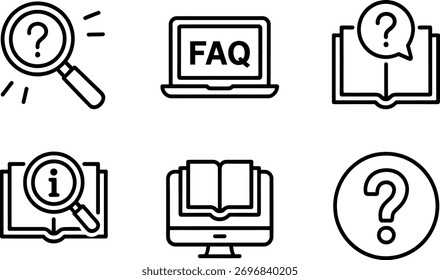 Este conjunto de iconos representa Preguntas frecuentes. Estos iconos son perfectos para el Web y el diseño App. Son sencillas, limpias y fáciles de usar. Ilustración vectorial.