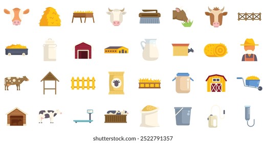 Este conjunto de iconos representa varios aspectos de la cría de vacas, desde el cuidado del ganado hasta el procesamiento de lácteos