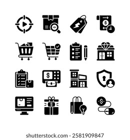 This set of icons represents various aspects of e-commerce and retail, including shopping carts, online tracking, payment processing, and more