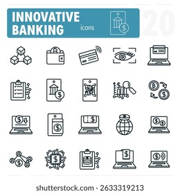 This set of icons represents various aspects of innovative banking, including online payments, mobile banking, and cryptocurrency