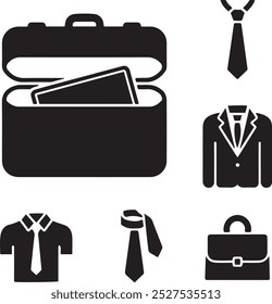 This set of icons showcases essential elements of professional business attire, ideal for anyone looking to maintain a polished and corporate look. Featured prominently are symbols of key wardrobe ite