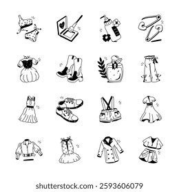 This set of icons showcases a variety of trendy womens fashion items, including clothing, shoes, accessories, and beauty products