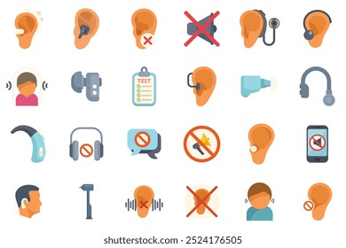 This set of icons is showing hearing loss, deafness, ear canal problems, and ear protection