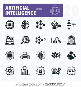 This set of icons shows concepts related to artificial intelligence, such as machine learning, deep learning and more