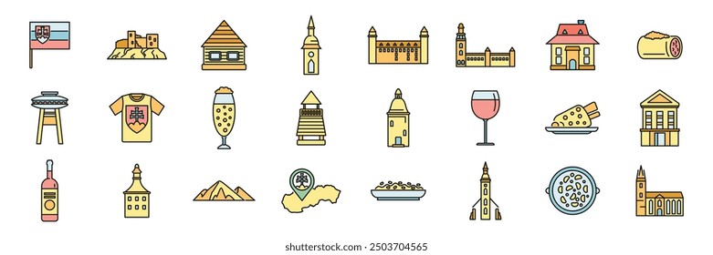 Este conjunto de iconos muestra diferentes aspectos de la cultura eslovaca, incluyendo comida tradicional, bebidas, arquitectura y ropa