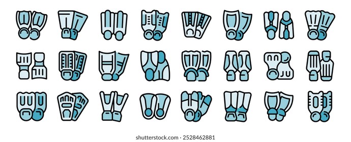 This set of icons shows different types of swimfins used for diving and snorkeling in various styles