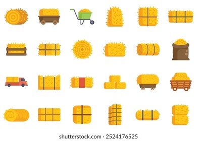 Este conjunto de ícones mostra os fardos de feno sendo colhidos, armazenados e transportados de diferentes maneiras
