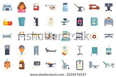 This set of icons shows the many different aspects of hospital medical treatment and healthcare