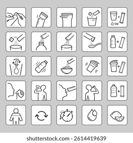 This set of icons for stick packaging includes steps for preparing, mixing, and consuming. Vector elements for infographics. Set of sign for detailed guideline. Ready for your design. EPS10.