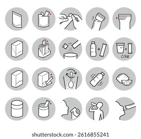 This set of icons for stick packaging includes steps for preparing, mixing, and consuming. Vector elements for infographics. Set of sign for detailed guideline. Ready for your design. EPS10.