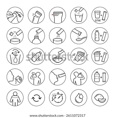 This set of icons for stick packaging includes steps for preparing, mixing, and consuming. Vector elements for infographics. Set of sign for detailed guideline. Ready for your design. EPS10.