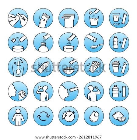 This set of icons for stick packaging includes steps for preparing, mixing, and consuming. Vector elements for infographics. Set of sign for detailed guideline. Ready for your design. EPS10.