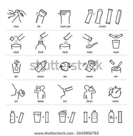 This set of icons for stick packaging includes steps for preparing, mixing, and consuming. Vector elements for infographics. Set of sign for detailed guideline. Ready for your design. EPS10.