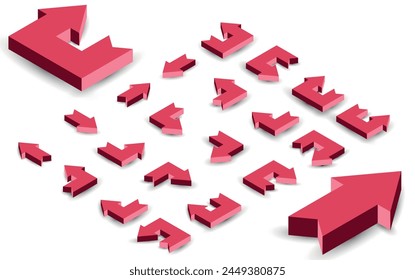 This set of icons and vector design elements offers a variety of arrows pointing in different directions. Modern design using bright colors and 3D perspective.