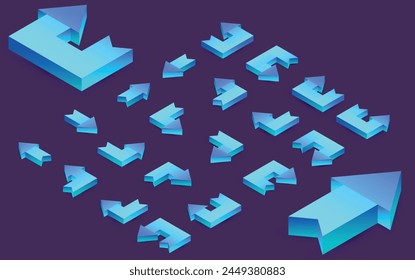 This set of icons and vector design elements offers a variety of arrows pointing in different directions. Modern design using bright colors and 3D perspective.