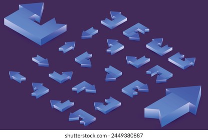 This set of icons and vector design elements offers a variety of arrows pointing in different directions. Modern design using bright colors and 3D perspective.