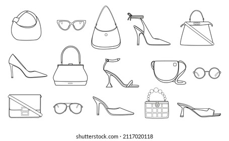 This is set of icons of women's shoes with heels, bags and glasses. Line drawings of fashion accessories: shoes, bags, glasses. Vector illustration.