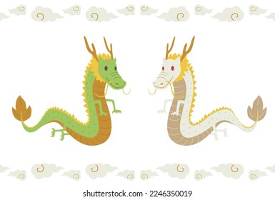 This is a set illustration of a cute white dragon, dragon and cloud line.