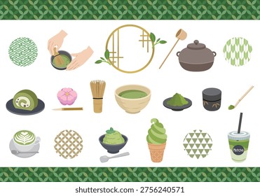 This is a set of illustration icons related to Japanese tea ceremonies and sweets.