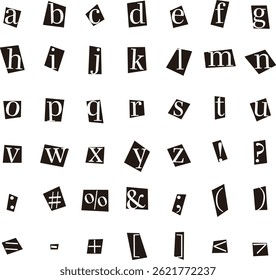 This is a set illustration of lowercase alphabet letters and symbols designed to look like they were cut out from newspapers or magazines.