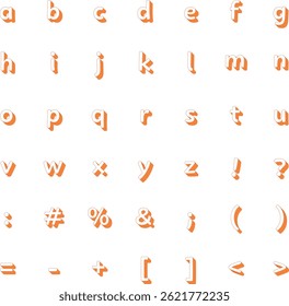 This is a set illustration of orange lines and white alphabet lowercase letters and symbols with a design that looks like multiple layers.