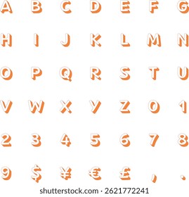This is a set illustration of orange lines and white alphabet uppercase letters, numbers, and currency symbols with a design that looks like it has multiple layers. 