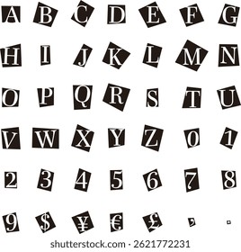 This is a set illustration of transparent uppercase alphabet letters, numbers, and currency symbols with a design that looks like it was cut out from a newspaper or magazine.