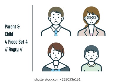 Este es un conjunto de ilustraciones de un padre y un niño enfadados.
