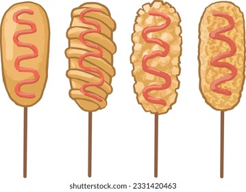 This is a set of illustrations of corn dogs with different flavors, including original, shaped, French fries and crispy noodles.