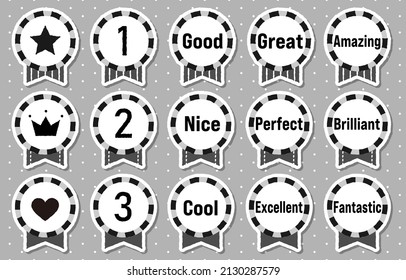 This is a set of illustrations of cute black and white medals.
