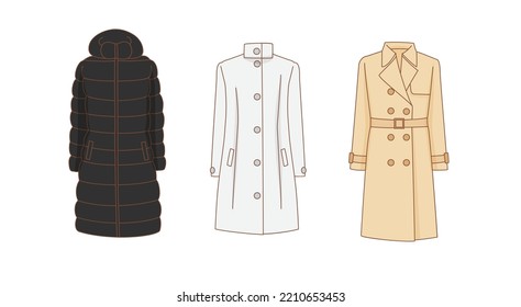 This is a set of illustrations depicting different types of outerwear.
