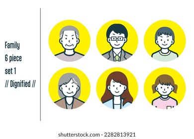 This is a set of illustrations of a dignified three-generation family.