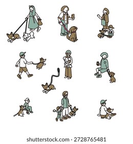 Este é um conjunto de ilustrações de cães e seus donos andando e interagindo entre si.