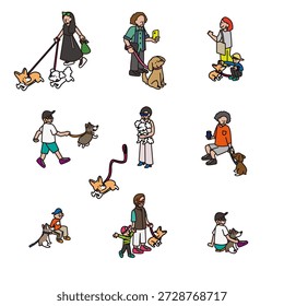 Este é um conjunto de ilustrações de cães e seus donos andando e interagindo entre si.